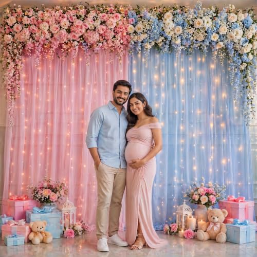 Image of Party Propz Baby Shower Backdrop Decoration - 4 Pcs Baby Shower Curtain Kit with Light, Mom to Be Decoration Items Set (Net)