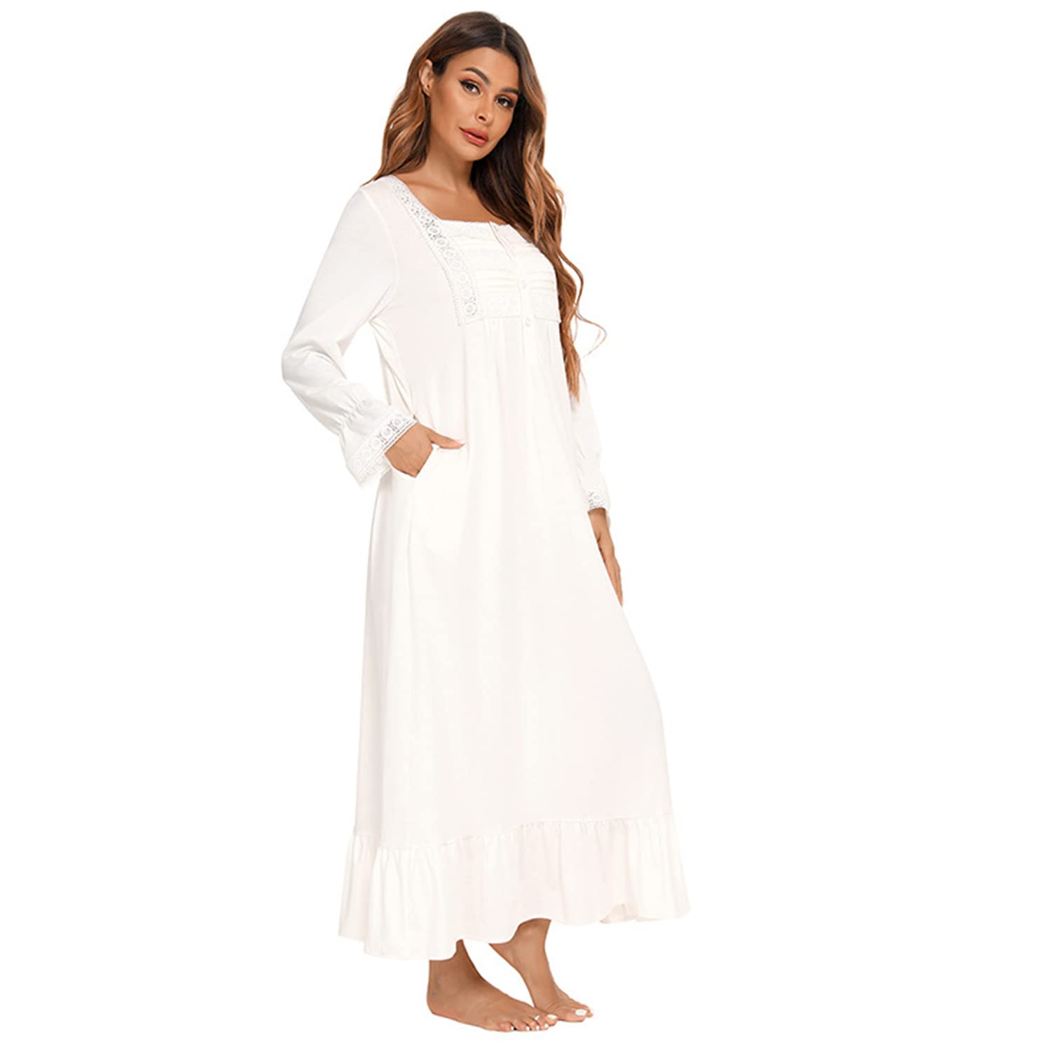 Verve Jelly Chemise de nuit vintage victorienne à manches longues pour femme, robe pyjama légère et douce