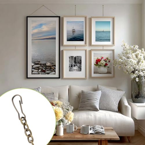 Image of Picture Hanging Kit with 4Pcs 3M Picture Hanging Chains & 16Pcs Hooks, Heavy Duty Metal Display Chain for Photo Frames Artworks Mirror(Bronze)