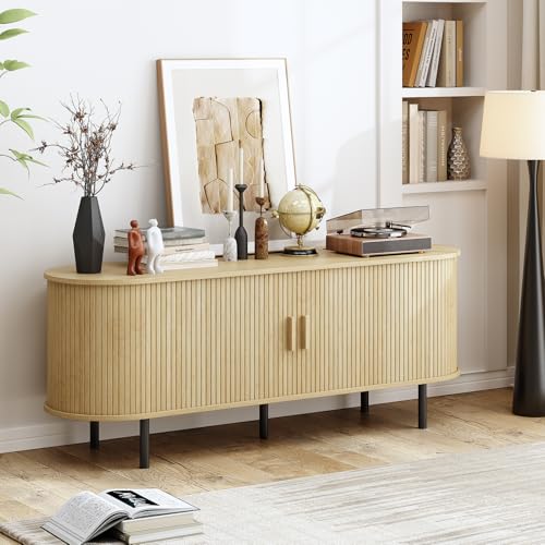 Image of 55 inch TV Stand with Power Outlet, Modern Media Console with Sliding Doors, Entertainment Center for TVs up to 60 Inch, Adjustable Shelves, Oak