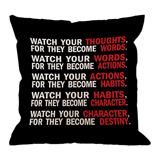 HGOD DESIGNS Quote Pillow Cover, Watch Your Thoughts Motivational Words Quotes Cotton Linen Cushion Cover Square Standard Home Decorative Throw Pillow for Men/Women 18x18 inch Black White Red