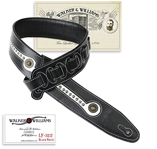 Walker & Williams Black & White Top Grain Leather Guitar Strap with Chrome