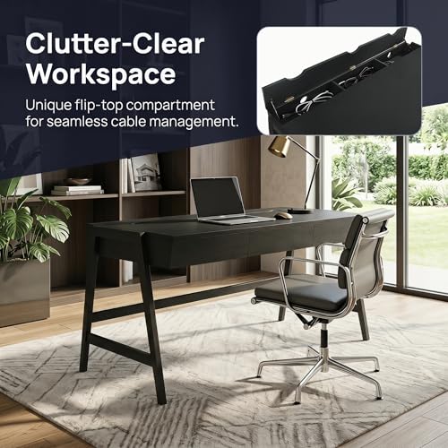 Image of HNY 59 Inches Black Wooden Writing Desk with 3 Drawers, Computer Study Table with MDF Top, Solid Rubberwood Legs and Hidden Cable Management Holes, Corner Makeup Vanity Desk for Home Office, Bedroom