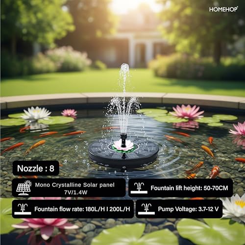Image of Homehop Solar Water Fountain For Garden Decorative 8 Nozzles Automatic Pump | Solar Water Fountain For Home Wireless Flower Shaped Floating Waterproof Lotus for Bird Bath, Fish Pond, Pool (Pink, ABS)
