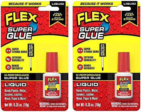 Flex Super Glue Liquid, 10 Gram Brush-On Bottle, 2-Pack, Clear, Instant Bond, Quick Dry, Cyanoacrylate Adhesive, Precision Brush for Wood, Metal, Plastic, Crafts, Ceramic, and Toy Repairs