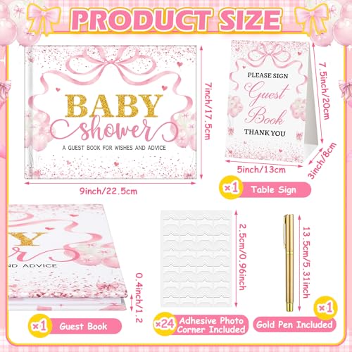 Image of Fuyoooo 27 Pcs Bow Baby Shower Guest Book Baby Shower Sign in Guest Book Reception with Sonogram Page Keepsake Includes Gold Pen Table Card and Adhesive Photo Corner for Birthday