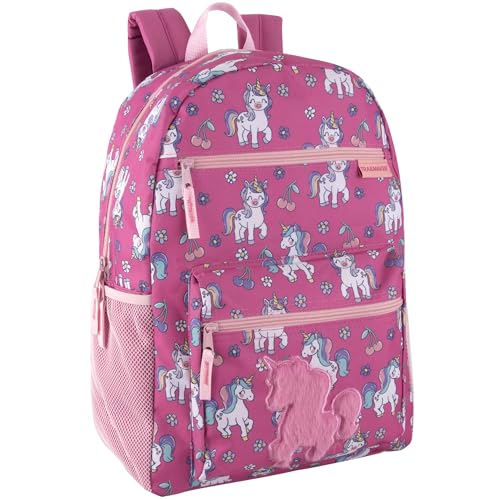 Trail maker 17” Kids Character School Backpacks Plush for Girls with Side Pockets, Padded Straps (Plush Cherry Unicorns)