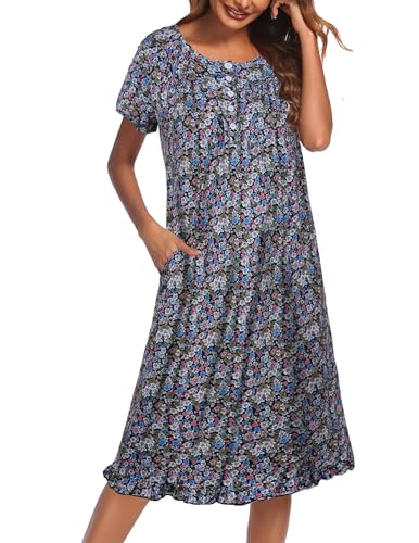 Image of Ekouaer Nightgowns for Women with Pockets Button Front Short Sleeve House Dresses Floral Print Mumu Dress