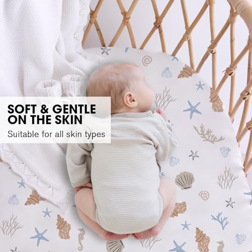 Image of Little Grape Land Bassinet Sheets 3 Pack, 33 inch x 18 inch Fitted Bassinet Sheets Up to 4 inch Deep Pocket, Ultra Soft Baby Bassinet Fitted Sheets for Bassinet Mattress, Ocean Friends