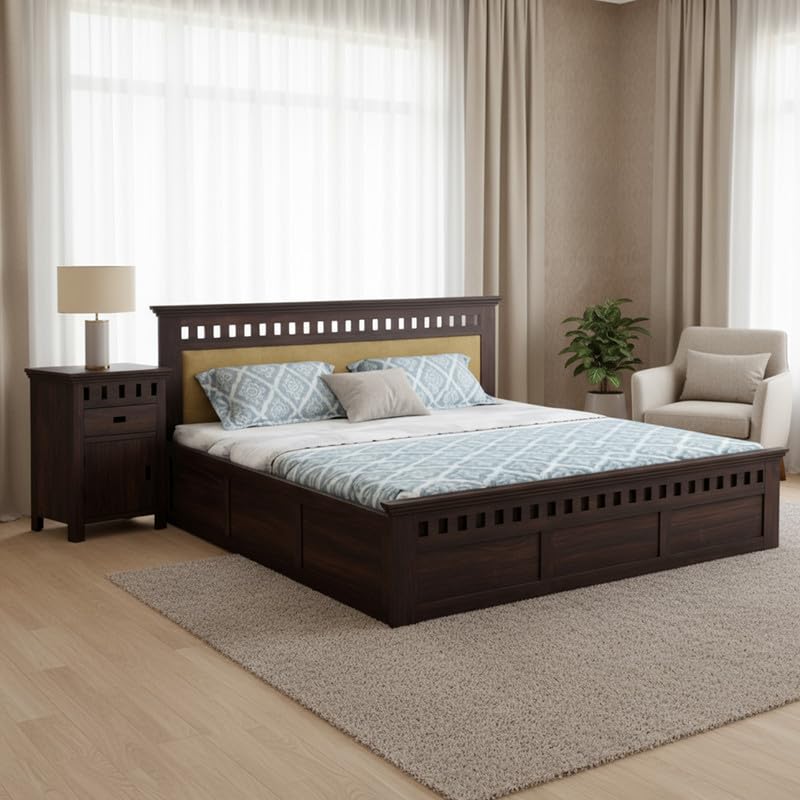 Image of Amazon Brand - Solimo Solid Sheesham Wood Kuber Queen Size Upholstered Bed with Box Storage + 2 Bedside | Wooden Queen Size Cot Bed | Double Bed with 2 Bedside Table for Bedroom (Walnut Finish)