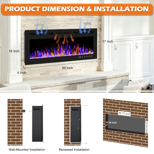 Image of 50 inch Electric Fireplace Wall Mounted and Recessed 750 /1500w W /Remote Control