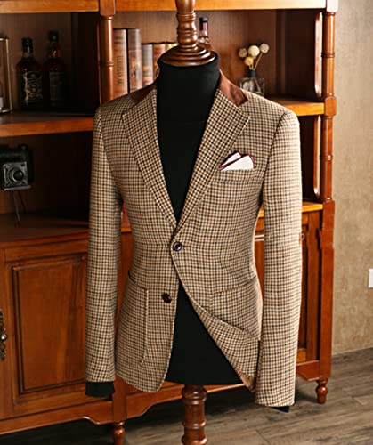 Premium Men Brown Houndstooth Plaid Tweed Blazer Prom Tuxedo Notch Lapel Check Grooms 3 Pieces Suit Jacket Pants Vest3