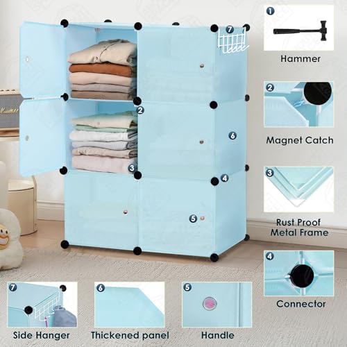 Image of ABOUT SPACE Professional Collapsible Wardrobe - DIY 6 Cube Plastic Almirah for Clothes with Side Hanger, Door Magnet & Hamer- Durable, Foldable Wardrobe for Storage |Non-Slip Storage Organizer - Blue