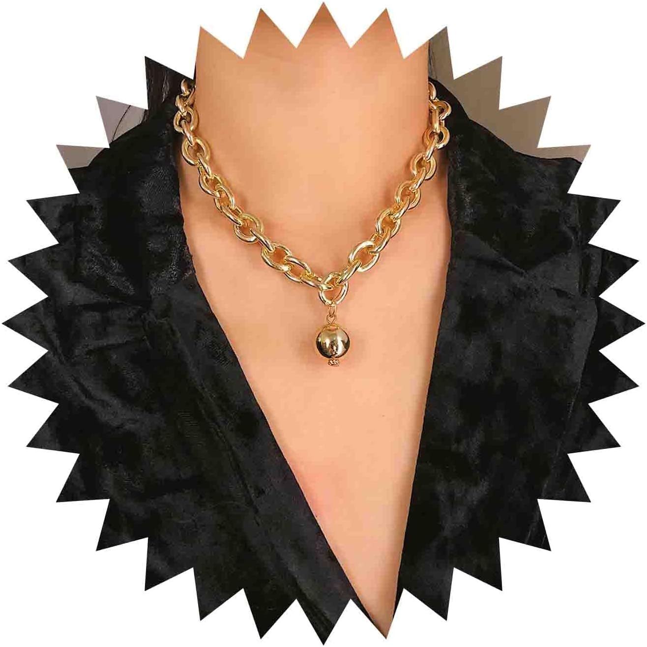 Punk Curb Chain Choker Necklace Gold Ball Pendant Necklace Chunky Chain Necklace Cuban Link Necklace Polished Ball Necklace Jewelry for Women