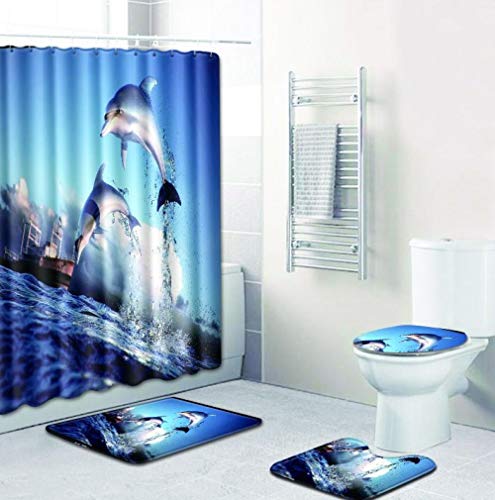 ZDDWLDL 3D Gedruckter Duschvorhänge Set Blaue Weiße Ozeanpaardelfine Duschvorhang Set 4 Stück Badezimmer Dekor Vorhang…