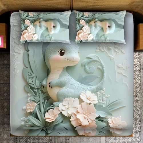Image of Dream Living Real Look 7D Design Queen Size Bedsheet (228x254 Inch) with 2 Pillow Covers (19x29 Inch) Mini Dinosaur