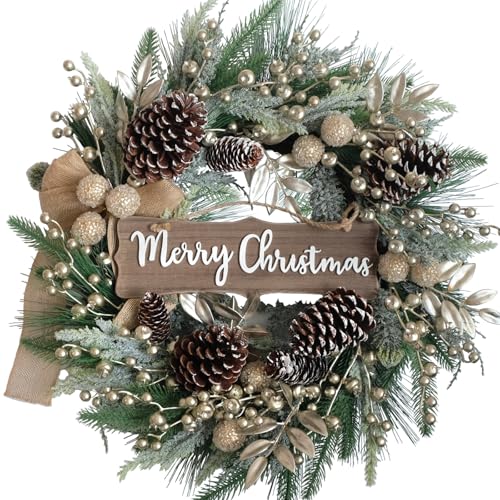 Idyllic 24 Inch Christmas Wreath with Pine Needles, Berries, Pine Cones, Ribbons - Artificial Xmas Decoration for Indoor/Outdoor Use