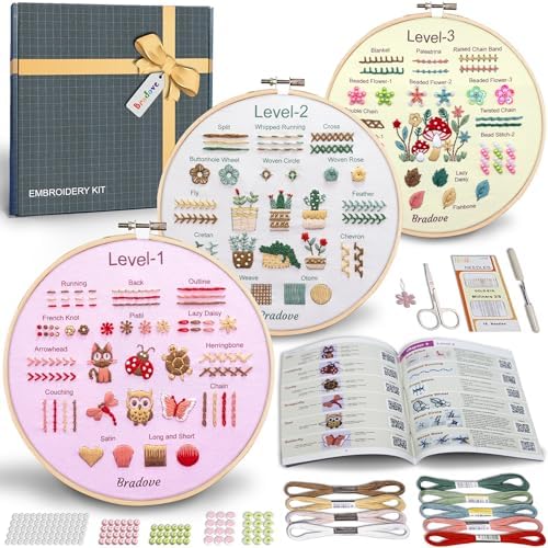 Bradove Beginner Embroidery Kit for Adults Kids, Learn to Embroider 37 Stitches and 13 Cute Patterns, Stitches Kit, Bead Embroidery Kit, Beginner Embroidery Practice