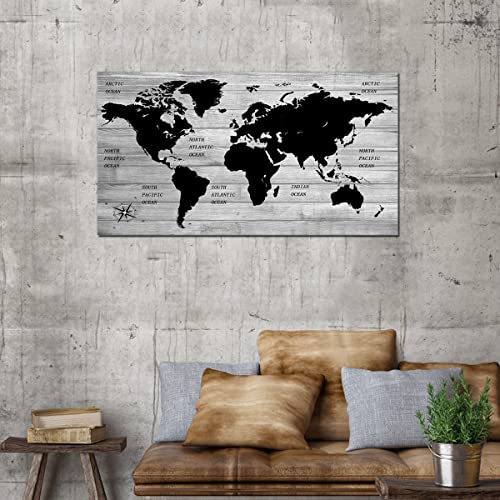 Taomi Living Room Wall Art Black And White Grey World Map Large Size Wood Grain Map Of The World Black Artwork For Office Home Decorations Classroom Wall Décor Picture Frame Ready To Hang 20X40Inch #TOP5