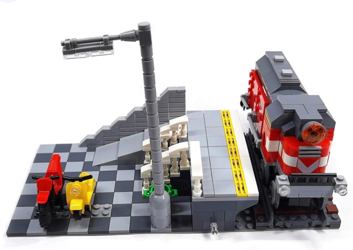 General Jim's Metro Train Platform Building Blocks Set – Modular City Railway Station with Elevated Platform, Scooter Parking, and Streetlight – Compatible with Lego® City Tracks & Trains