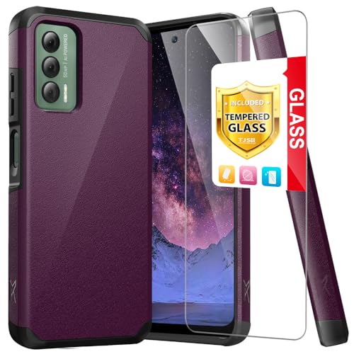 TJS Compatible for Cricket Outlast Case AT&T Jetmore Case with Tempered Glass Screen Protector Dual Layer Hybrid Magnetic Support Shockproof Protection Cover Phone Case (Purple)