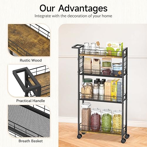 VASZOLA Slim Storage Cart with Wheels, 4 Tier Mobile Narrow Shelving Unit Organizer Utility Cart with Handle, Skinny Rolling Trolley for Small Space Kitchen Bathroom Laundry, Black and Rustic Brown - Image 4
