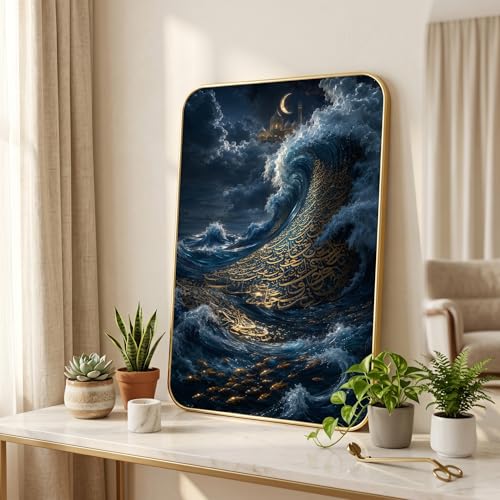 Image of SAF Islamic Ocean Wave Arabic Calligraphy Wall Painting with Premium PVC Golden Frame, Crescent Moon Mosque Art, Muslim Home Decor for Prayer Room Living Room (13x19 Inch) MG-36042