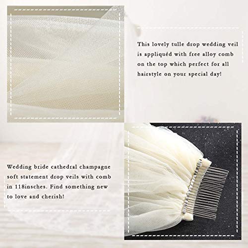 Fdesigner Wedding Chapel Veil Bride Long Cathedral Veils 118' Bridal Headpieces Soft Veil 2T With Comb (Champagne) #TOP2