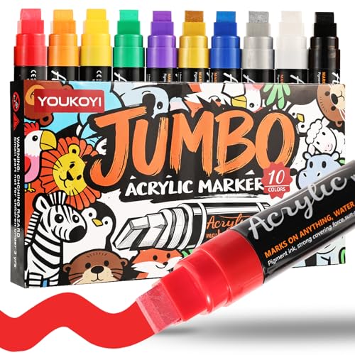 YOUKOYI Jumbo Acrylic Paint Markers 10 Pack 15mm Wide Tip Permanent Graffiti Markers Non-Toxic Quick Dry Waterproof Multi-Surface Art Markers for Canvas Wood Glass Rock Fabric Poster DIY Crafts
