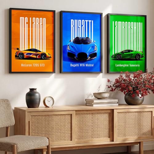Image of HOTHOUSE Big McLaren GT3, Bugatti W16 Mistral, Lamborghini Temerario Cars Framed Posters Gift Items for Boys Room Wall Decoration Bedroom Living Room Office Studio Decor | Set Of 3 Size (13 X 17 inch)