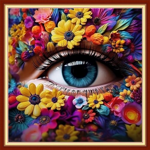 Image of Disxvivy Cross Stitch Stamped Full Embroidery Kits DIY 11CT Cotton Thread Printed DIY Needlepoint Kits Craft Needlework Set Cross-Stitch Stamped Sets-Colorful Eyes 18x18 inch