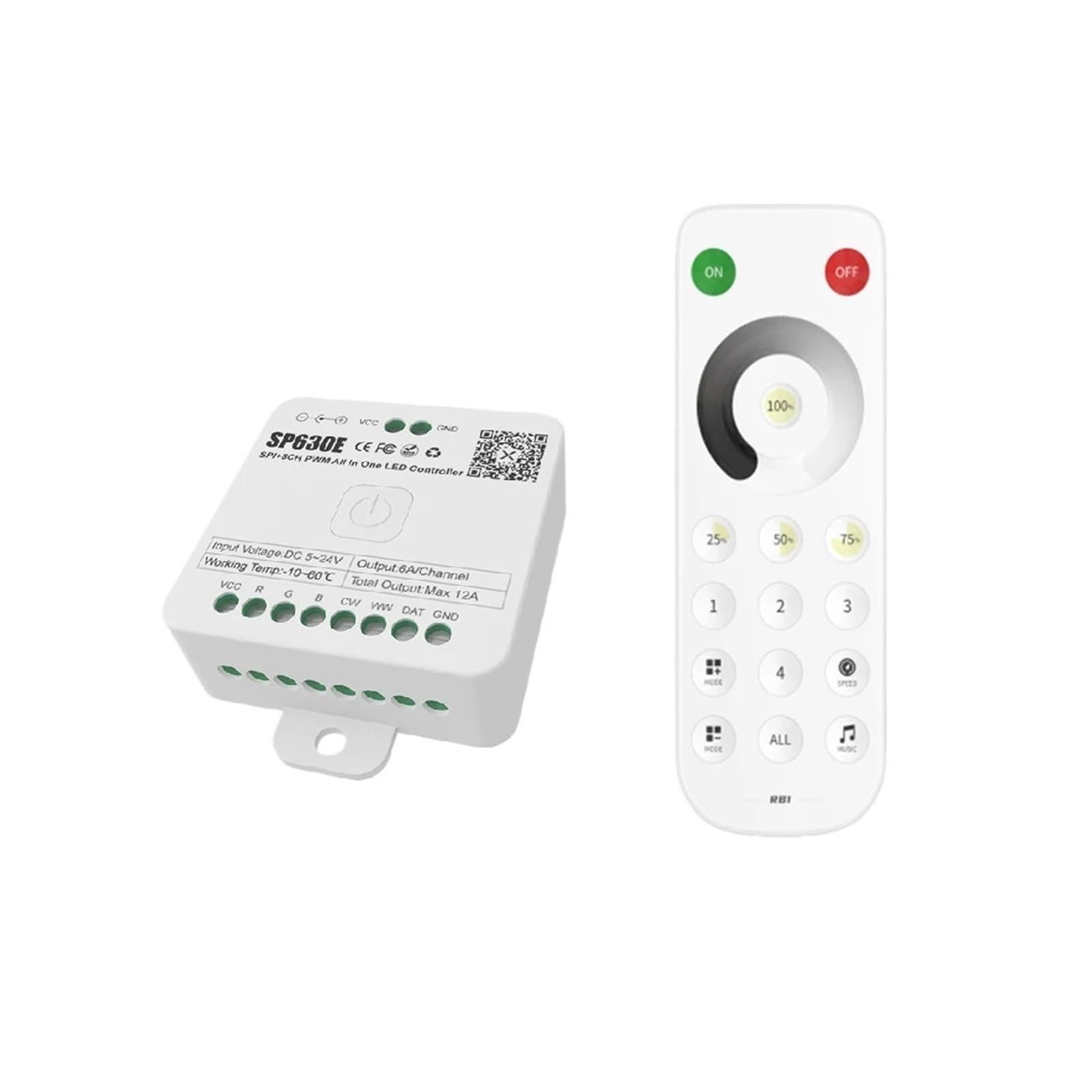 DC5V-24V SP630E All-in-one LED Controller SPI Pixel 5CH RGB RGBW PWM Light WS2811 5050 3528 FCOB 2.4G Remote Control(SP630E and RB1)