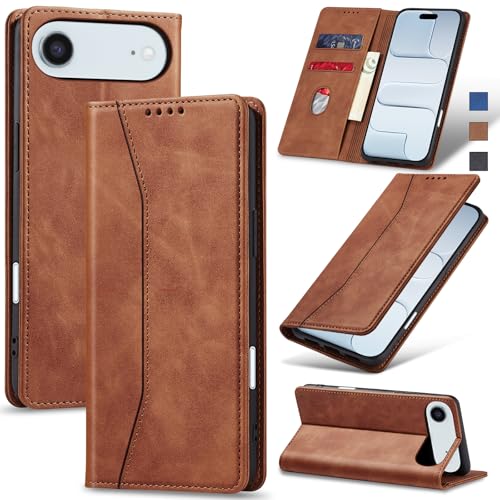 Image of Jasonyu Flip Wallet Case for iPhone 17 Air,Leather Magnetic Folio Cover with Card Holder,Kickstand - TPU Shockproof Durable Protective Phone Case,Brown