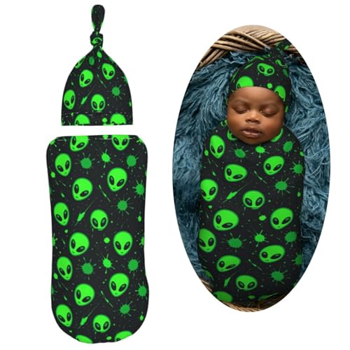 Image of Green Alien Head Newborn Swaddle Blankets Hat Sets Soft Baby Receiving Blanket Swaddle Sack for Baby Shower Infant Boy Girl Gift