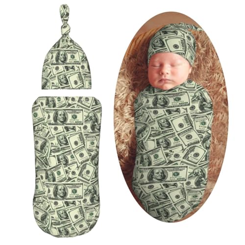 Image of Muishi Us Dollar Money Newborn Swaddle Blankets Hat Sets Soft Baby Receiving Blanket Swaddle Sack for Baby Shower Infant Boy Girl Gift