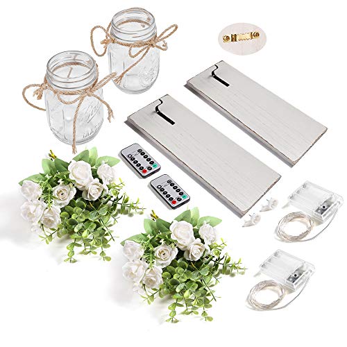 Rustic Wall Sconces Mason Jar Lights Handmade Wall Art Hanging Design With Remote Timer Led Fairy Lights And White Rose, Farmhouse Kitchen Decorations Wall Decor Living Room Sconces (Set Of Two) #TOP5