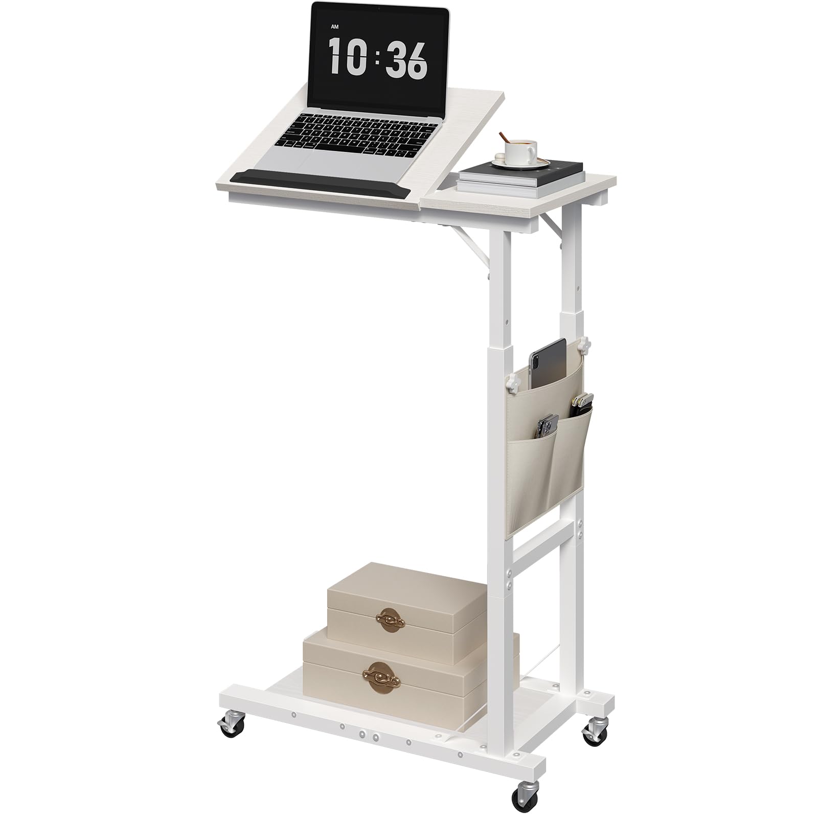 MAHANCRIS Tavolino da Letto Mobile con Altezza e Inclinazione Regolabili, Supporto PC con Ruote e Tasche Laterali, Tavolino da Divano con Vassoio per Colazione e Lettura, Bianco AMTWT6001