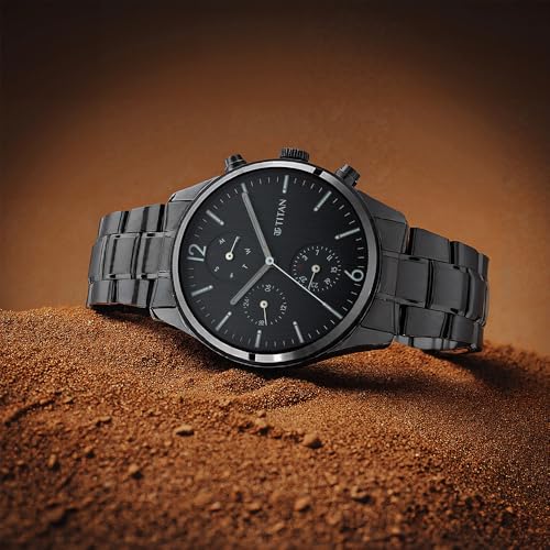 Image of Titan Workwear Quartz Multifunction Black Dial Black Metal Strap Watch For Men - NT1805NM02