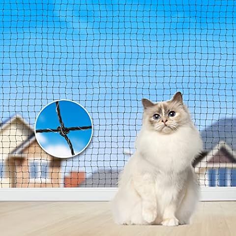 Aystkniet katzennetz für Balkon, 4 x 3 m Katzennetz Drahtverstärkt Schwarz mit 15M Befestigungsseil und Zubehör, Katzen Schutznetz für Fenster Terrasse Tür Innen und Außen Cover
