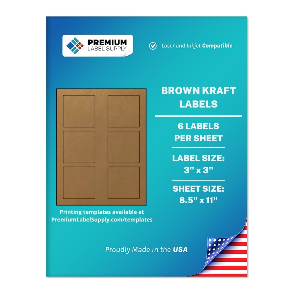 Premium Label Supply Brown Kraft Sticker Square Labels – 3" x 3" – Laser/Inkjet Compatible – (6 per Sheet), 100 Sheets – 600 Total Adhesive Labels