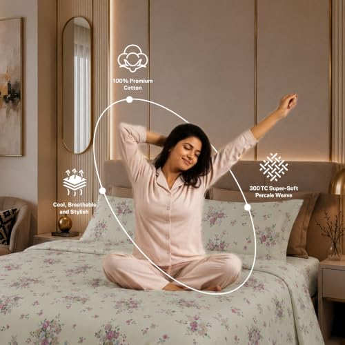 Image of Jaipur Weaves Cotton Percale King Size Bedsheet 108x108 Super King, 100% Pure Cotton Bed Sheet with 2 Pillow Covers, 300 TC Soft Breathable Floral Design Bedding (Floral Pink, Super King)