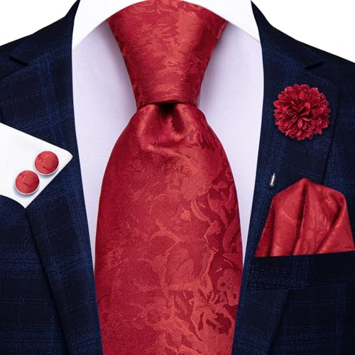 Image of Hi-Tie Mens Red Flower Ties Set Classic Woven Necktie Lapel Pin Pocket Square Cufflinks Sets Formal Business Wedding
