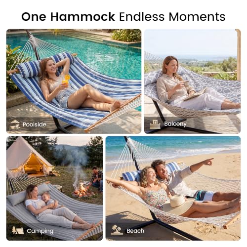 Image of Everyfun 2 Person Hammock with Stand, Heavy Duty Double Cotton Rope Hammock with Removable Quilted Pad & Pillow, 500 LBS Adjustable Steel Frame, Tool-Free, Carry Bag for Outside Patio Yard, White-Gray