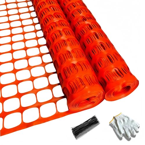 PotatoLife Plastic Mesh Fence Safety Fence 2 Roll 4x100 with 100 Zip Ties Resuable Temporary Netting for Garden Fencing Construction Snow Fencing Animal Barrier Poultry Deer Patio Orange