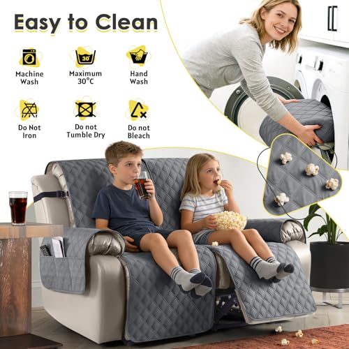 Image of TAOCOCO Recliner Covers,2 Seater Recliner Slipcovers,Waterproof Recliner Sofa Protector,Armchair Covers with Pockets,Non Slip Reclining Sofa Covers,Arm Chair Covers for Pets /Dogs /Kids(Dark Grey)