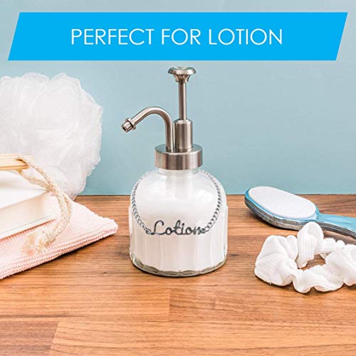 Soap Lotion Dispenser (Brushed Nickel) - 8 oz Clear Vintage Glass Jar (with Soap Lotion Label Tags)