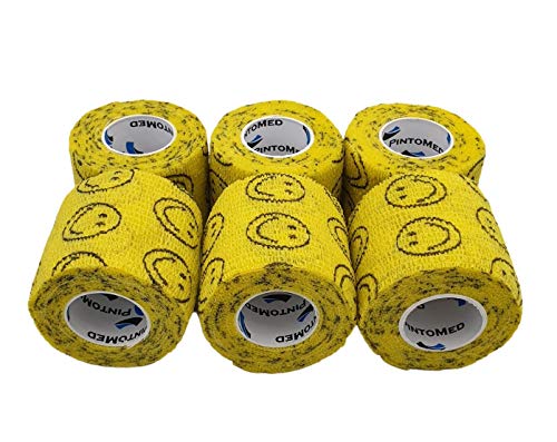 PintoMed - 6 x SMILEY GEEL - Samenhangend Verband - Cohesive Bandage - 6 rollen x 5 cm x 4,5 m Zelfklevende flexibele verbanden, EHBO, sportverbandverbanden - Pak van 6