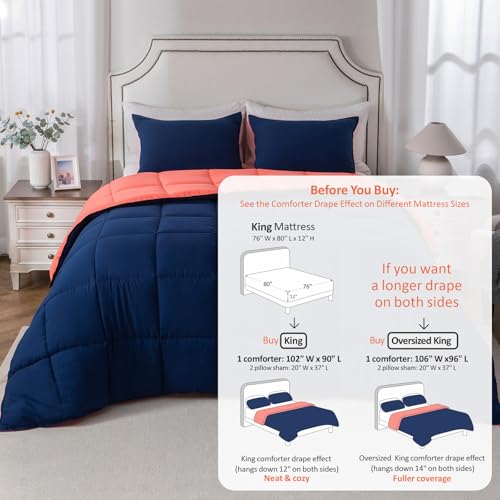 Image of KASENTEX King Comforter Set - Reversible Dual Color - Goose Down Alternative - Ultra-Soft, Lightweight, Machine Washable, Maintain Fluffiness, All Season Warmth (Navy /Coral)