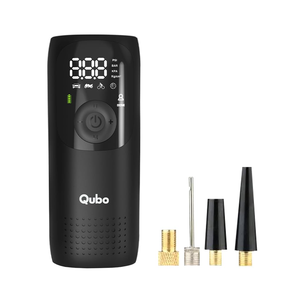Qubo Digital Tyre Pressure Inflator by Hero Group | 5000 mAh Battery | 150 PSI | Type-C Charging | LED Light | Digital Display | 5 Air Fill Modes | Auto Cut-Off | Multiple Nozzles