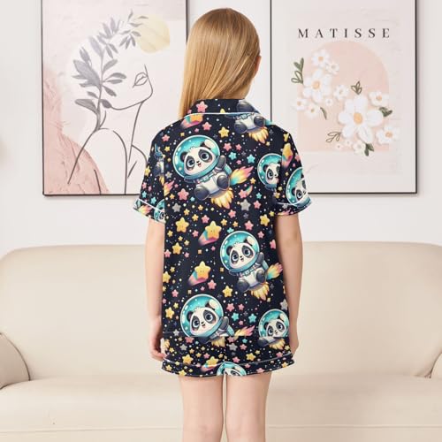 ALAZA Cartoon Space Panda Star Pajamas Satin Pajama Set Short Sleeve Button Down Sleepwear4